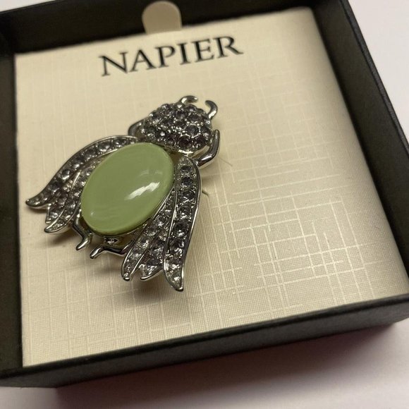 Napier Costume Jewelry Brooch Silver Tone Green Beetle Bug Rhinestone Insect - Picture 2 of 11